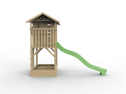 tree hut met glijbaan en zandbak glijbaan aan zijkant
