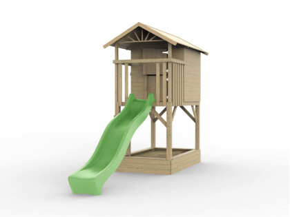 tree hut met glijbaan en zandbak zijkant