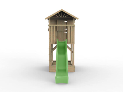 tree hut met glijbaan en zandbak voorkant