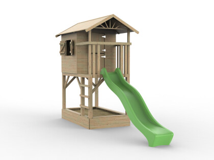 tree hut met glijbaan en zandbak